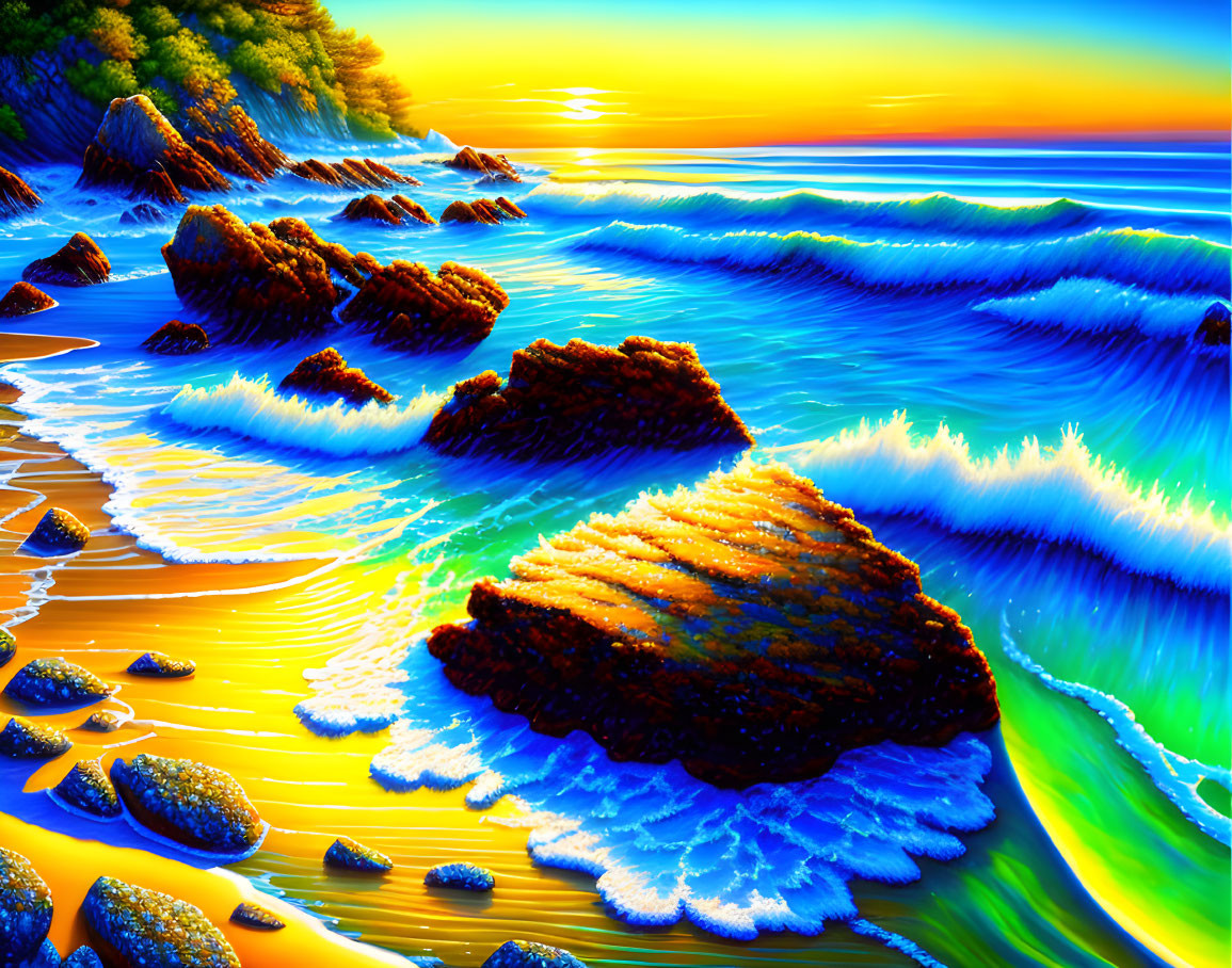 Scenic beach landscape with blue waves, golden sand, rocks, and lush greenery at sunset