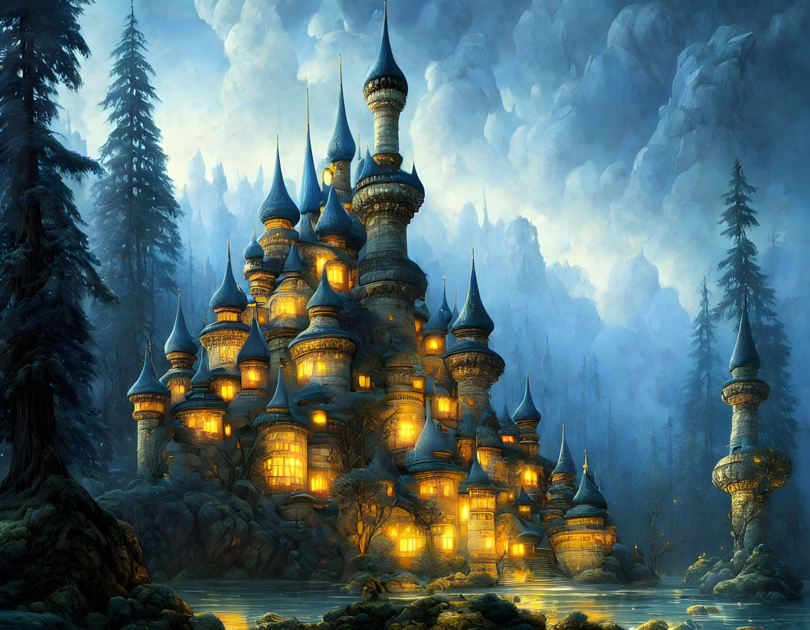 Fairytale Castle Digital Illustration in Mystical Forest at Dusk