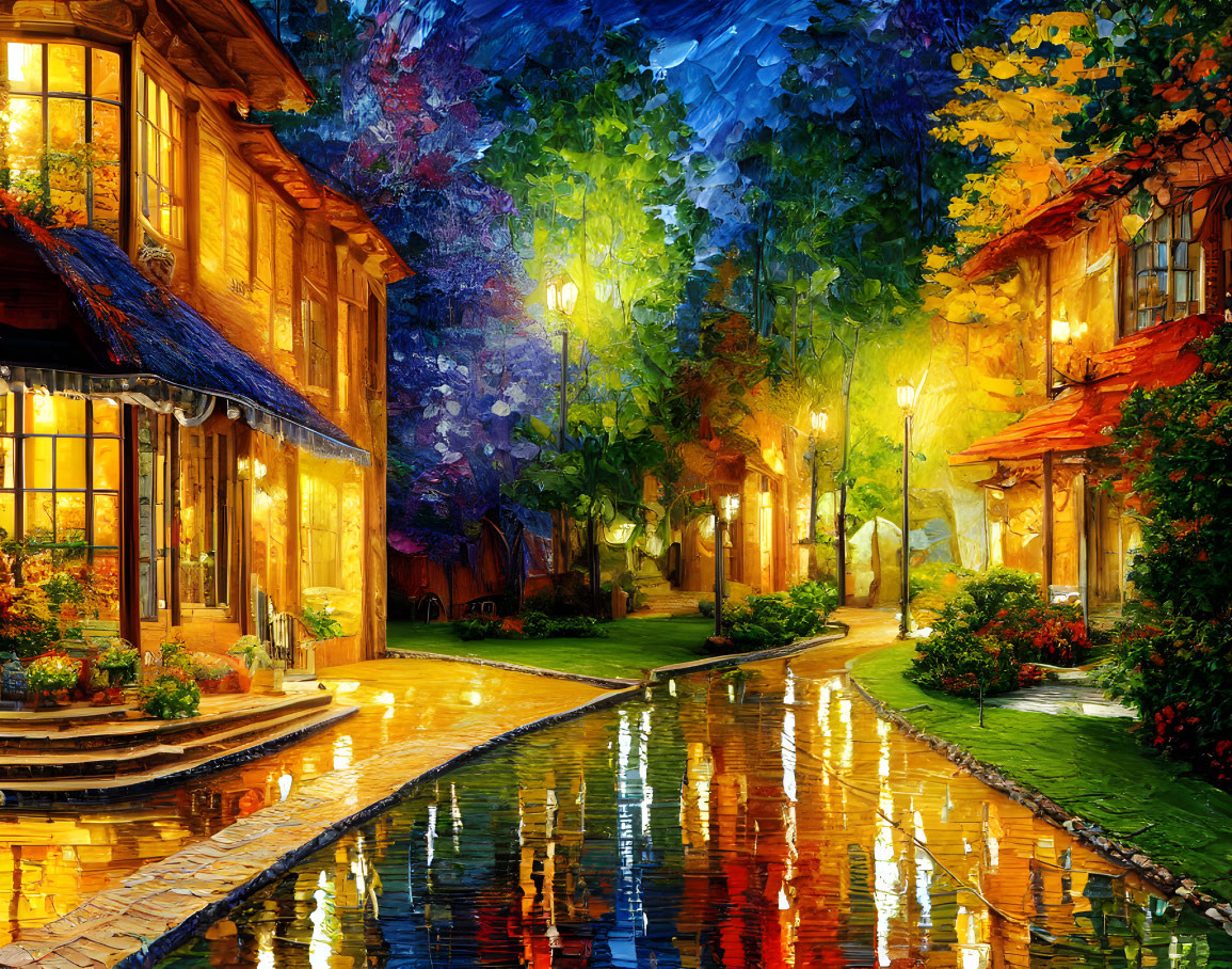 Colorful Painting of Illuminated Cobblestone Street at Night