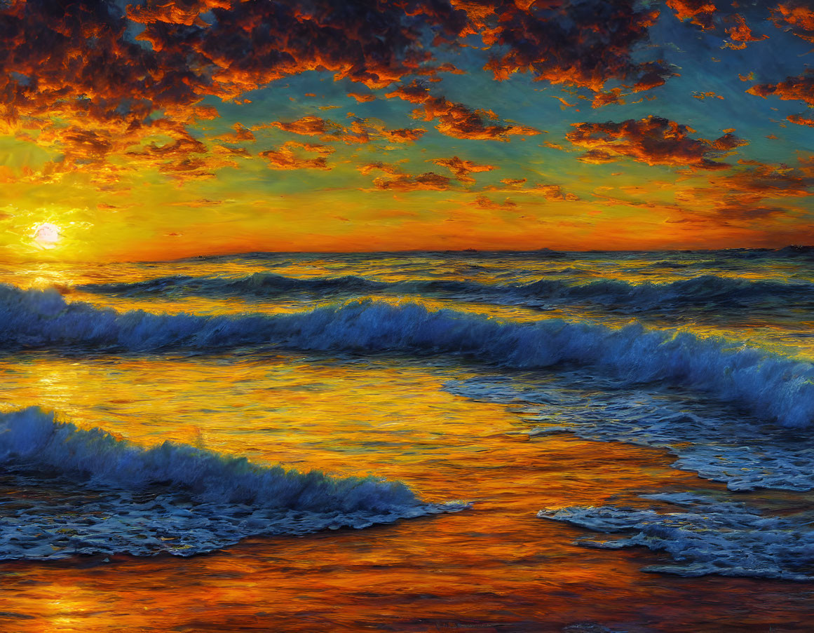 Fiery orange sunset over ocean waves.