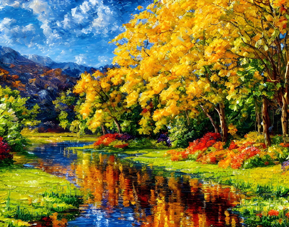 Colorful Autumn River Landscape Painting with Mountains