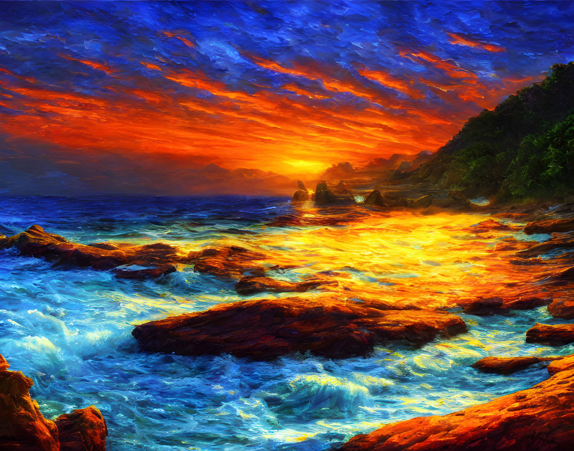 Fiery sunset painting with ocean waves and dramatic sky