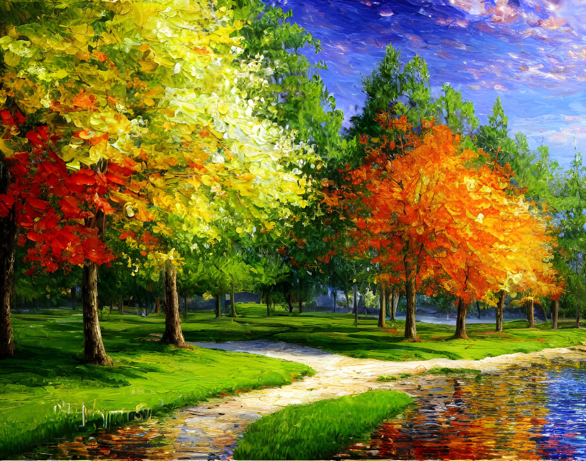 Colorful Autumn Forest Painting by River