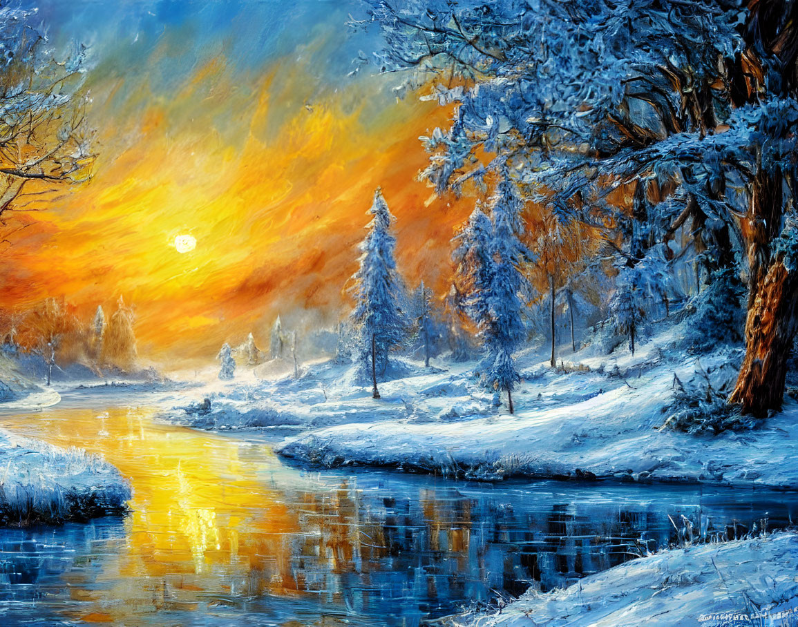 Snowy Riverbank Winter Landscape at Sunset