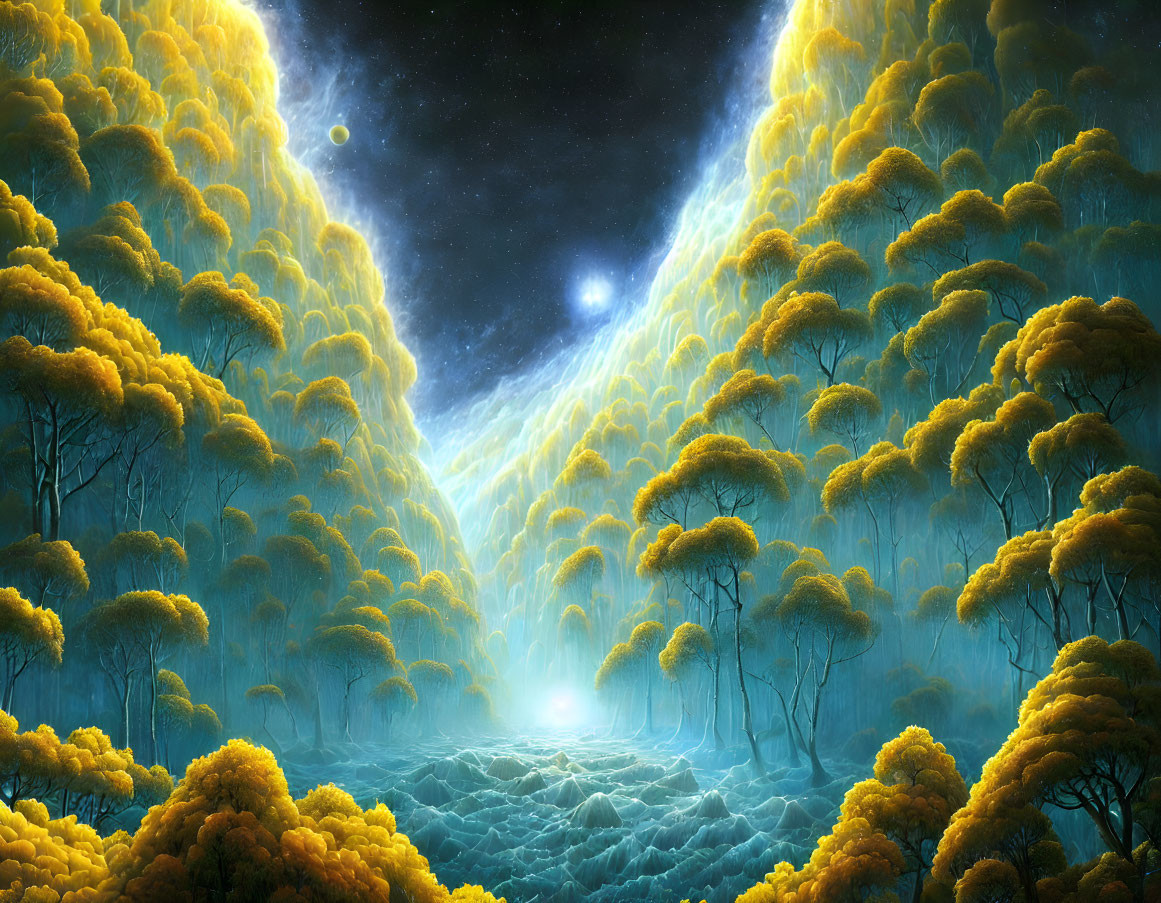 Fantastical landscape with glowing yellow trees under starry sky