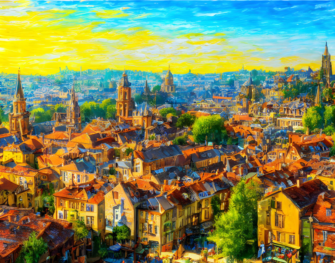 Colorful impressionistic cityscape painting at sunset