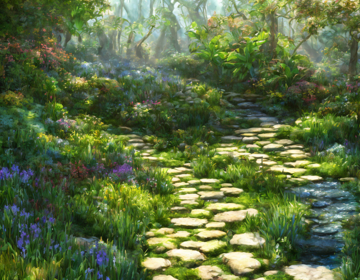 Scenic garden path with stepping stones and vibrant flowers