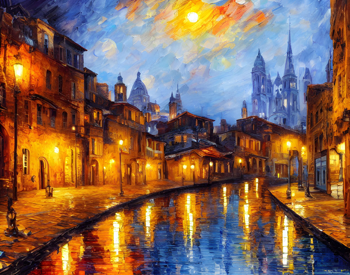 European city evening scene with illuminated streets and river reflections.