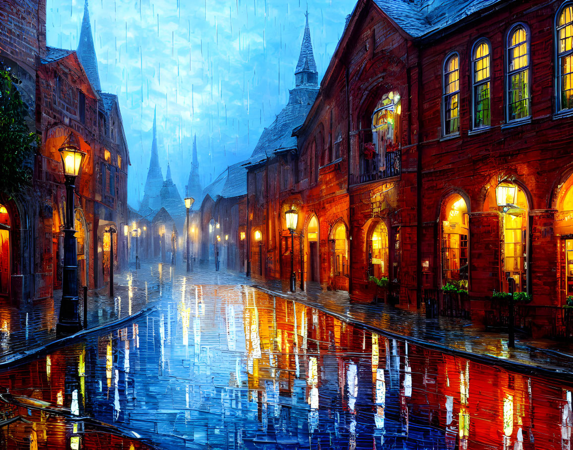 Twilight scene: Rain on cobblestone street, red brick buildings, and street lamps.