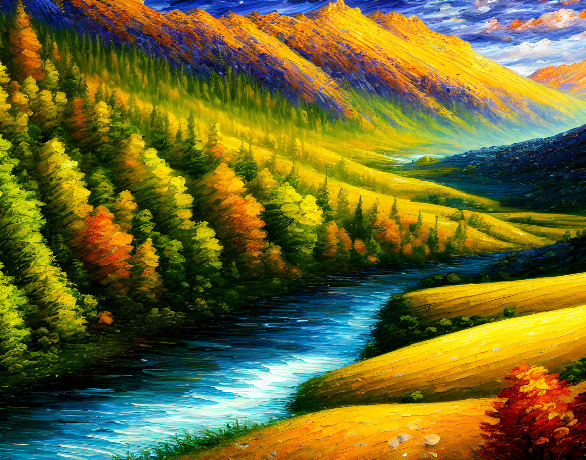 Colorful autumn landscape painting with meandering river