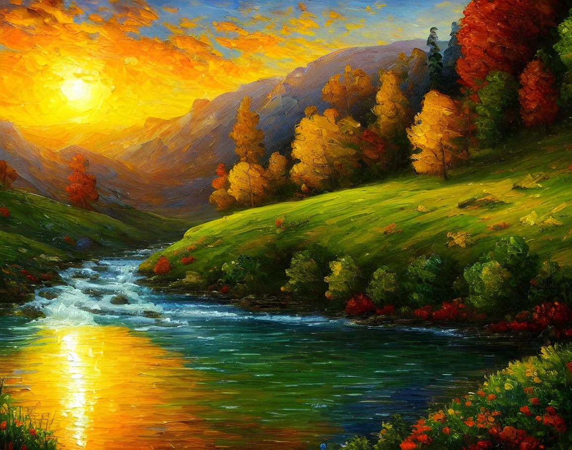 Colorful sunset painting of river and autumn landscape.