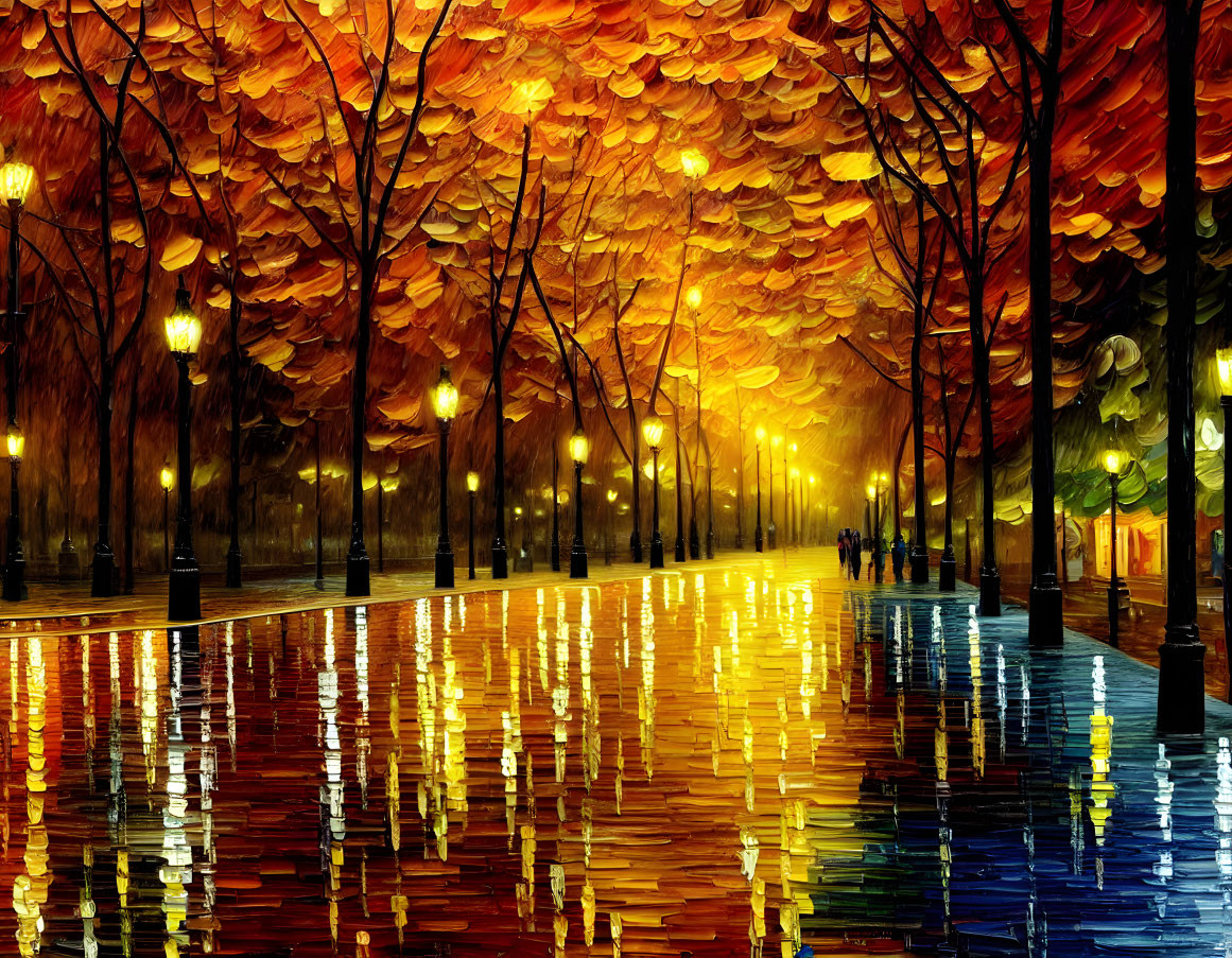 Rainy Autumn Park Painting: Wet Path, Golden Leaves, Distant Figures