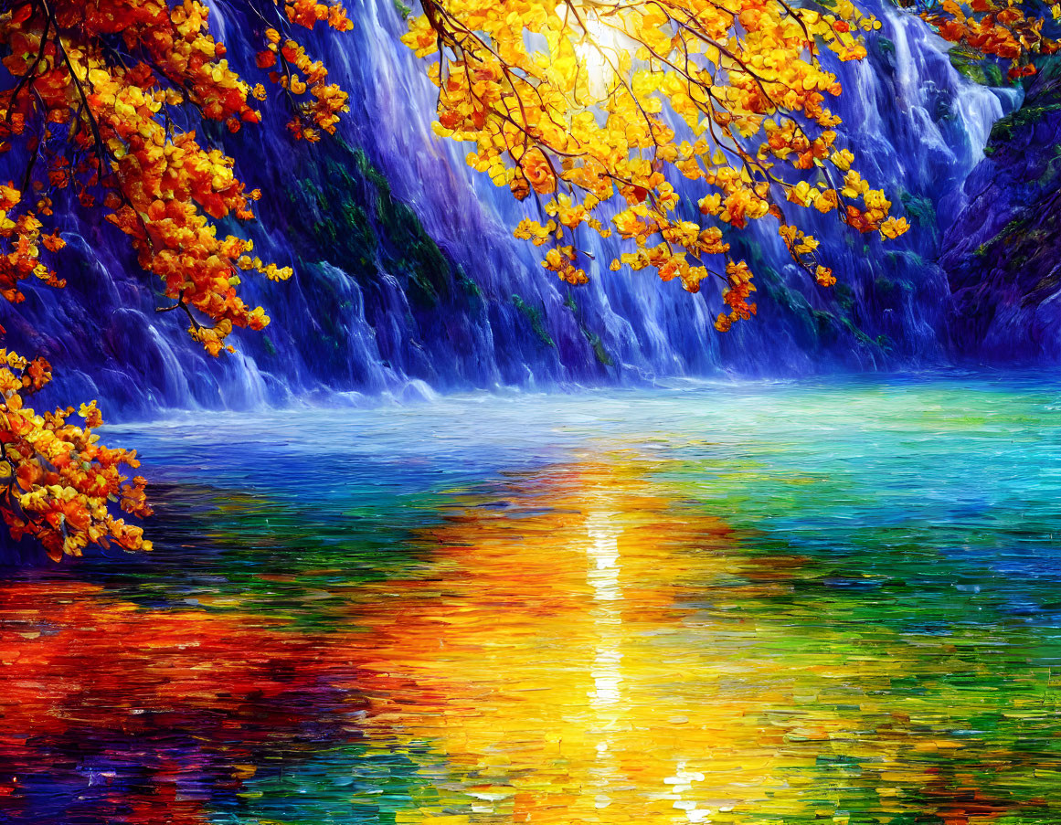 Autumn waterfall painting with vibrant colors