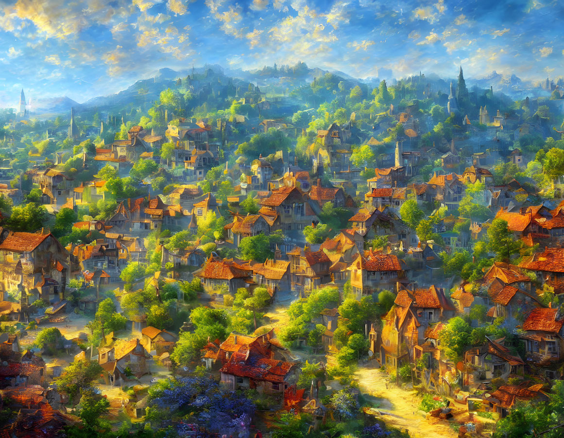 Sunlit Fantasy Village with Cozy Houses & Castle