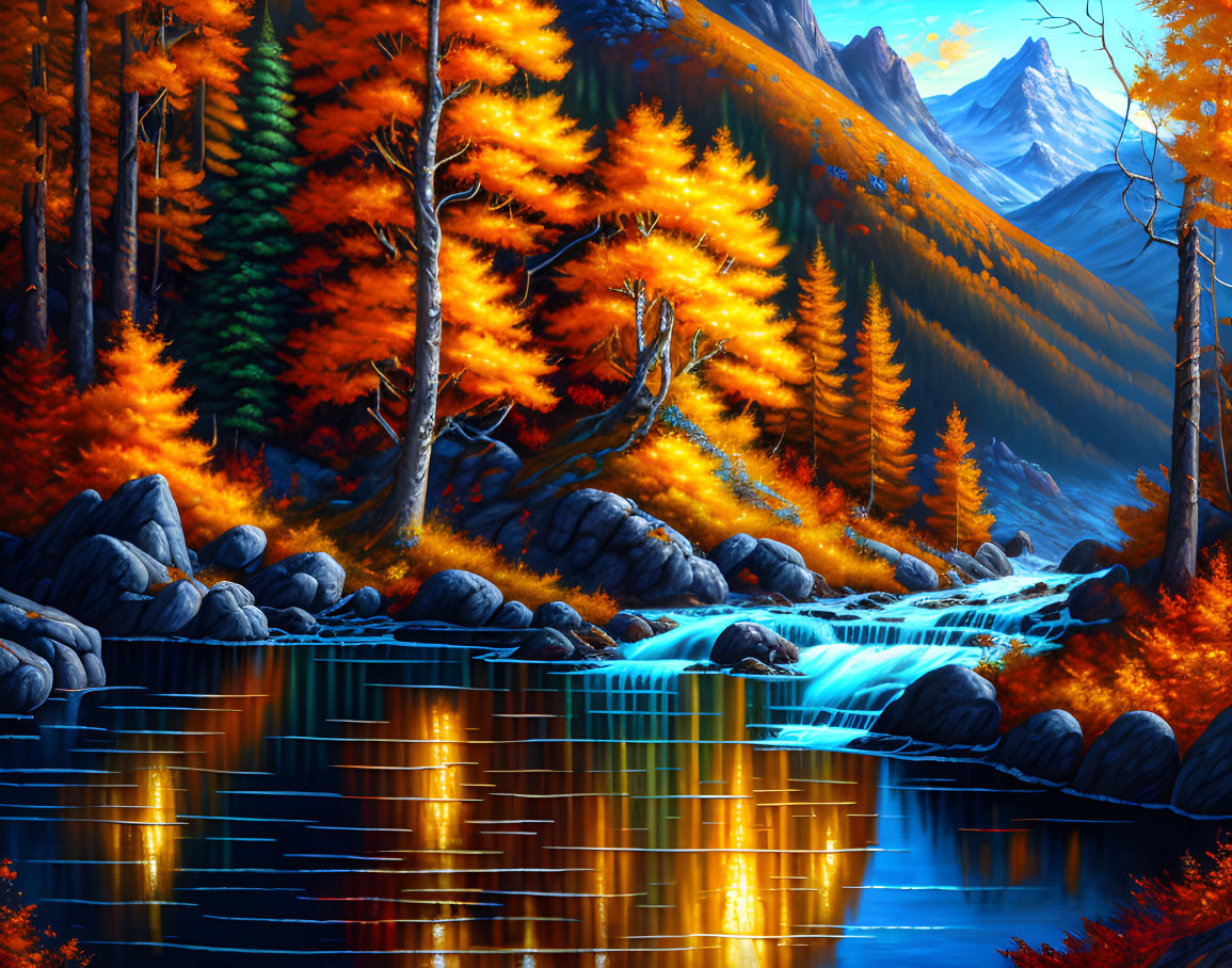 Vibrant orange autumn forest by tranquil lake with waterfall and mountains