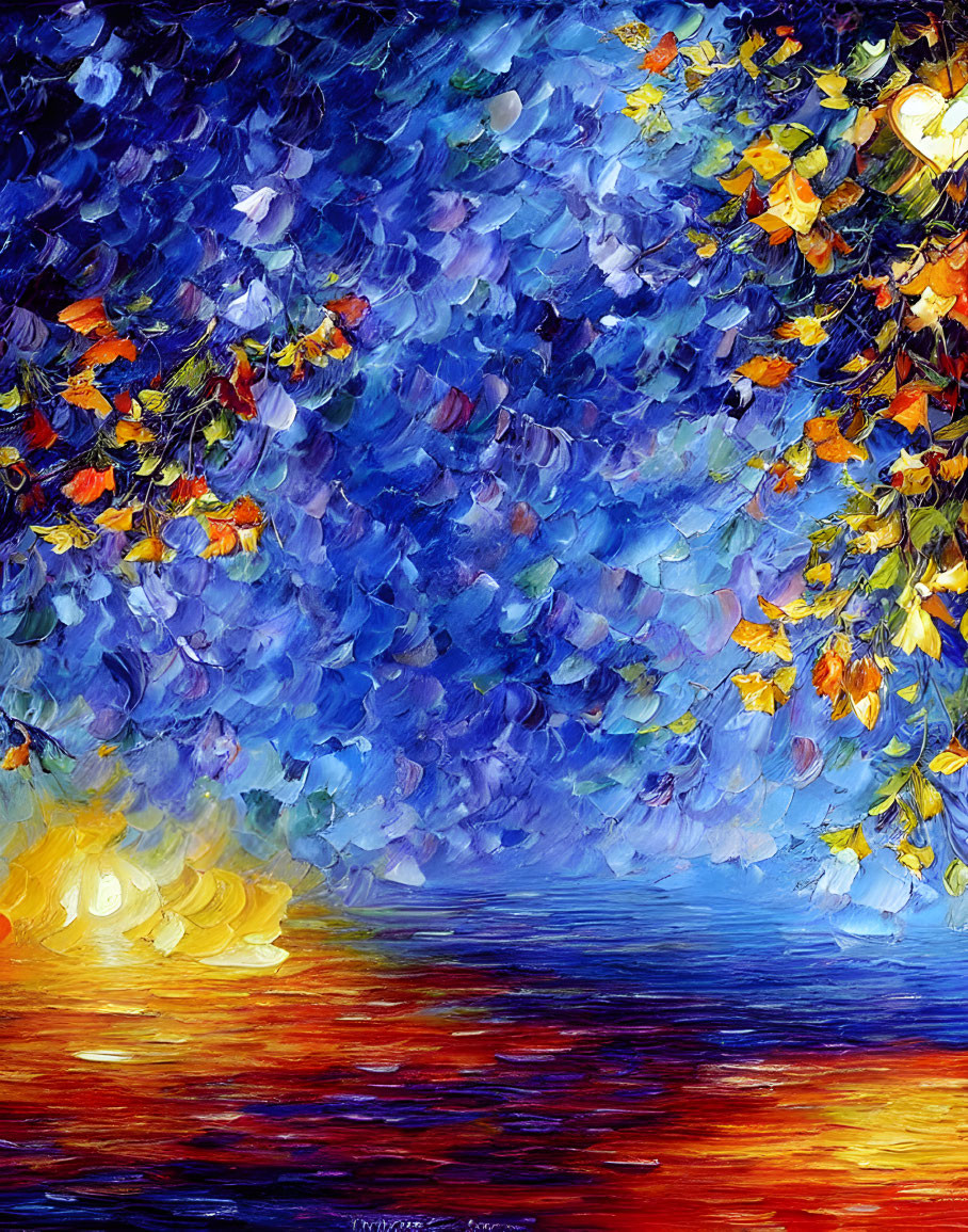 Colorful Blue and Orange Oil Painting with Textured Flower Details