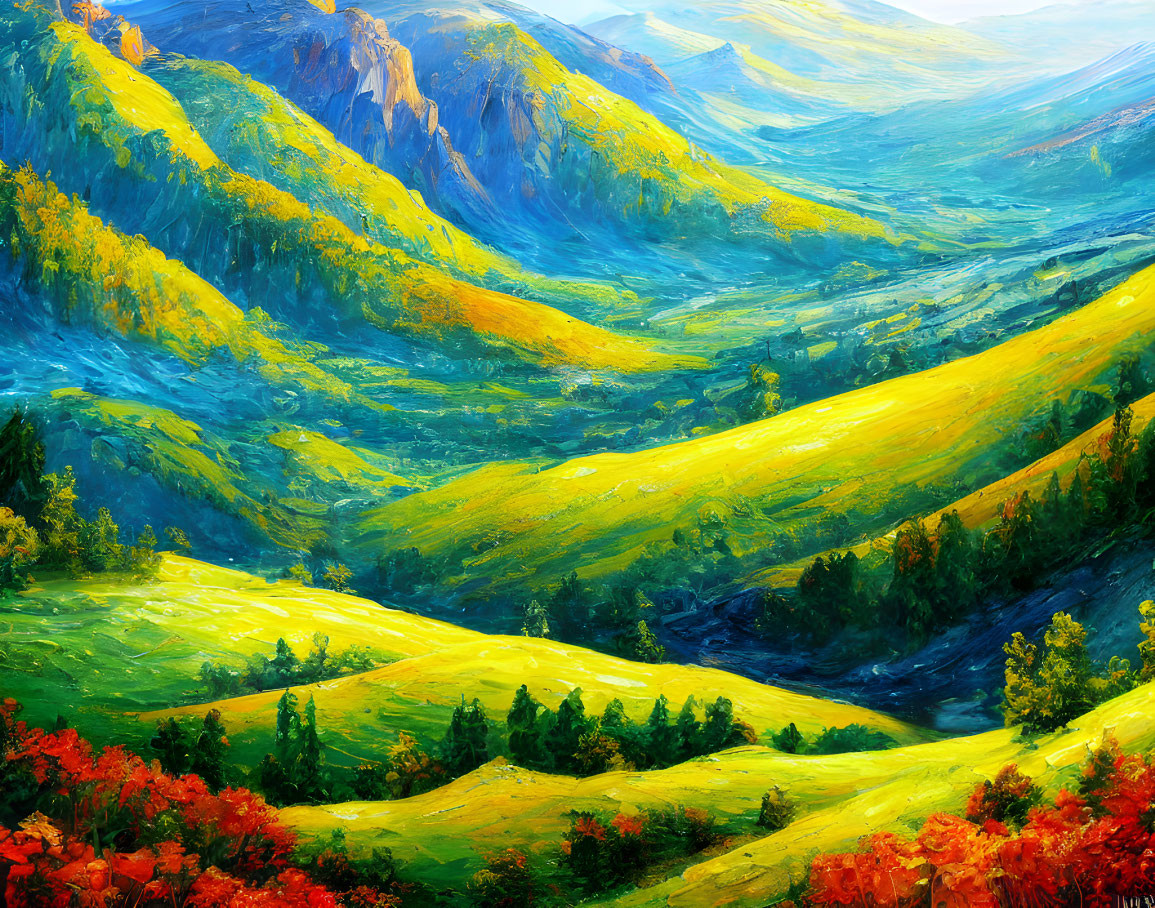 Scenic painting of lush valley, rolling hills, colorful foliage, and majestic mountains