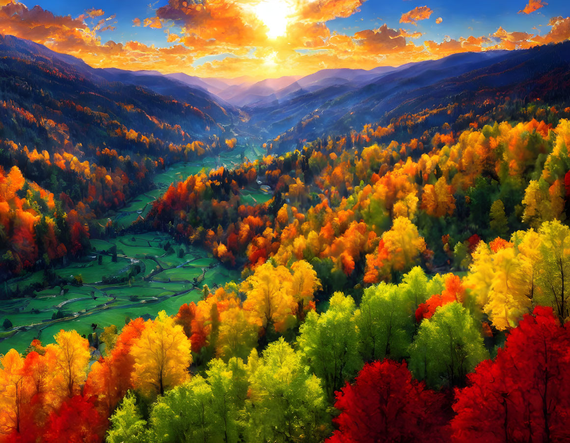 Colorful Autumn Forest Landscape with Valley and Setting Sun