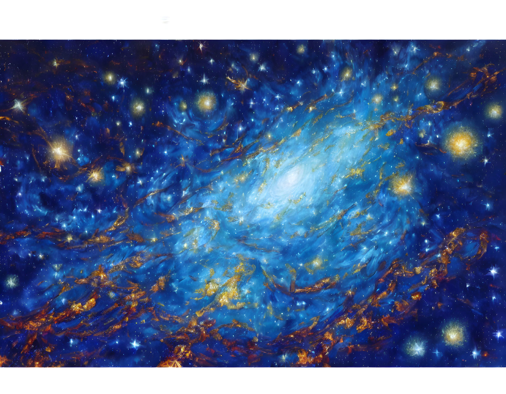 Cosmic image of swirling blue and gold galaxy