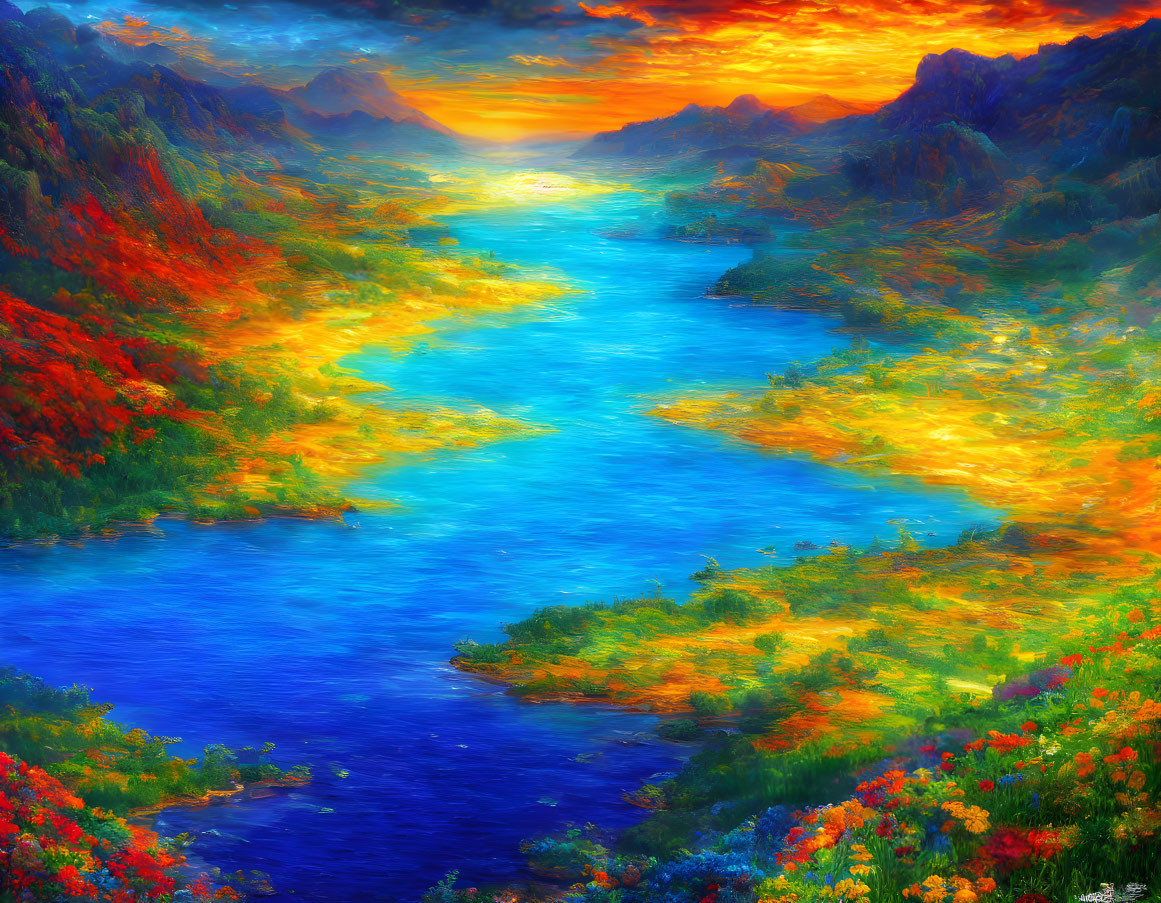 Colorful Valley Landscape: Serene River & Sunset Sky