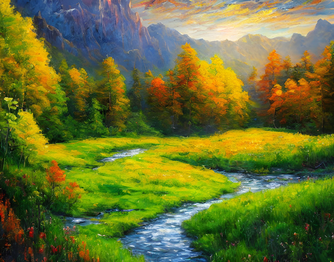 Colorful autumn landscape with meandering stream & majestic mountains