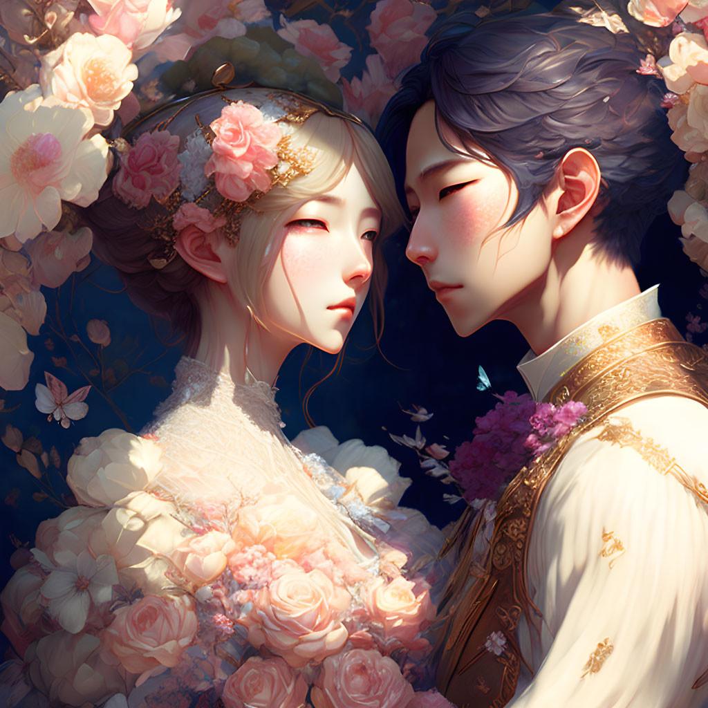 Illustrated couple in embrace with pink and white flowers and gold accents