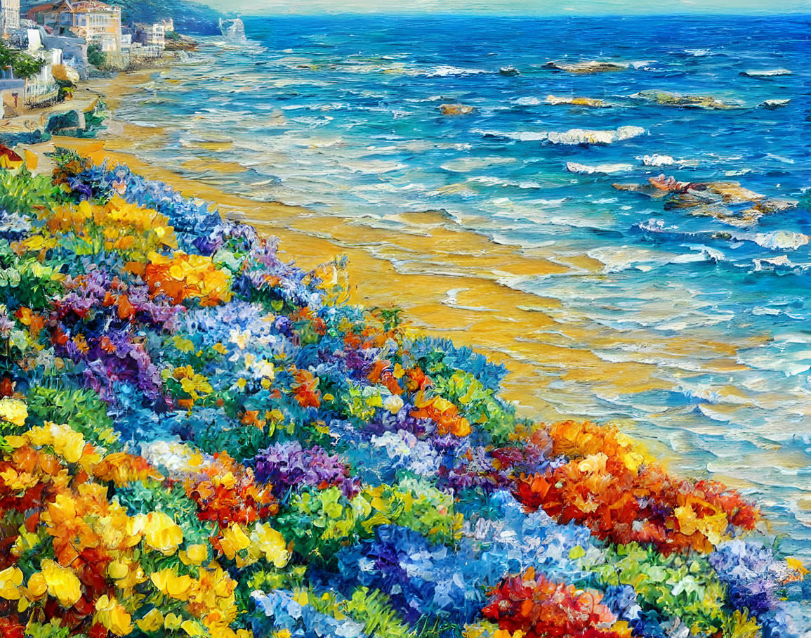 Colorful flowers blooming by cerulean sea in vibrant oil painting