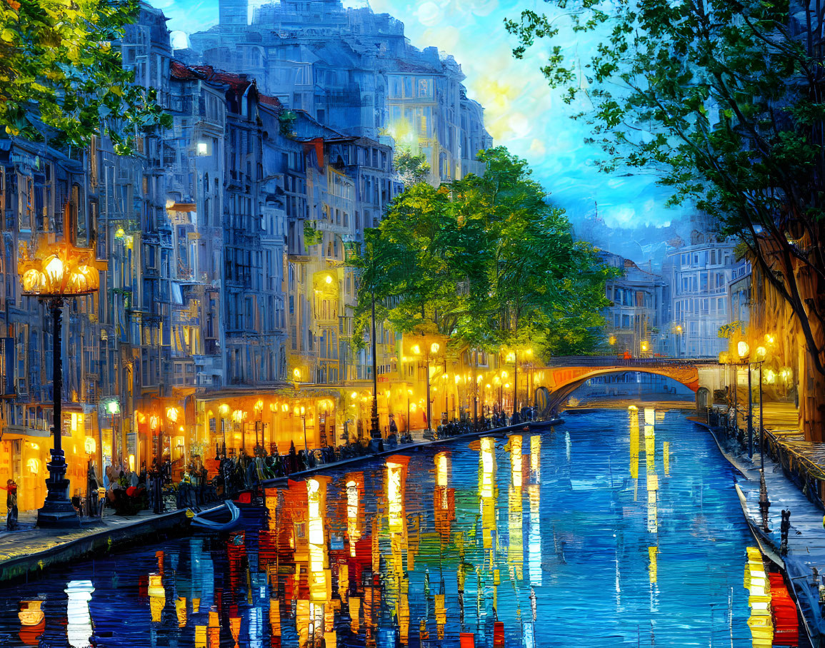 Impressionist-style painting: Twilight city canal with street lamps & water reflections