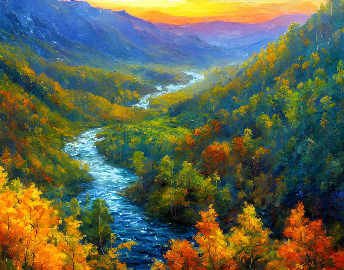 Colorful Autumn Landscape with River and Mountains