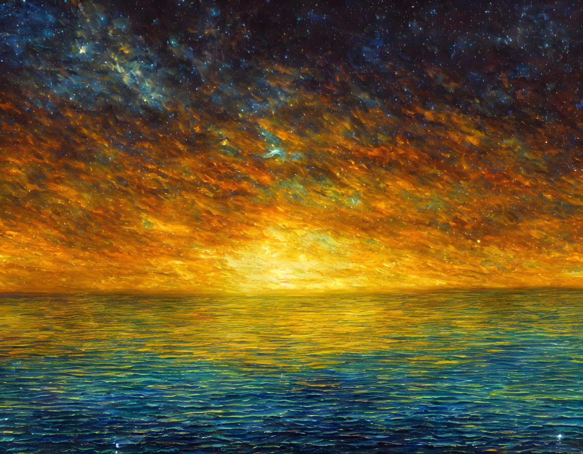 Shimmering ocean under fiery sky: blue to orange transition