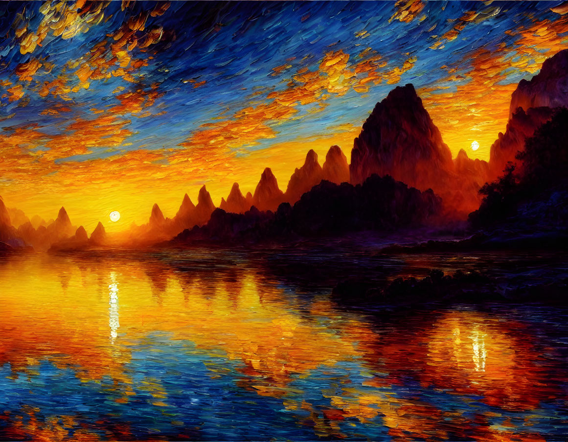 Scenic painting: vibrant sunset over mountain landscape & tranquil river