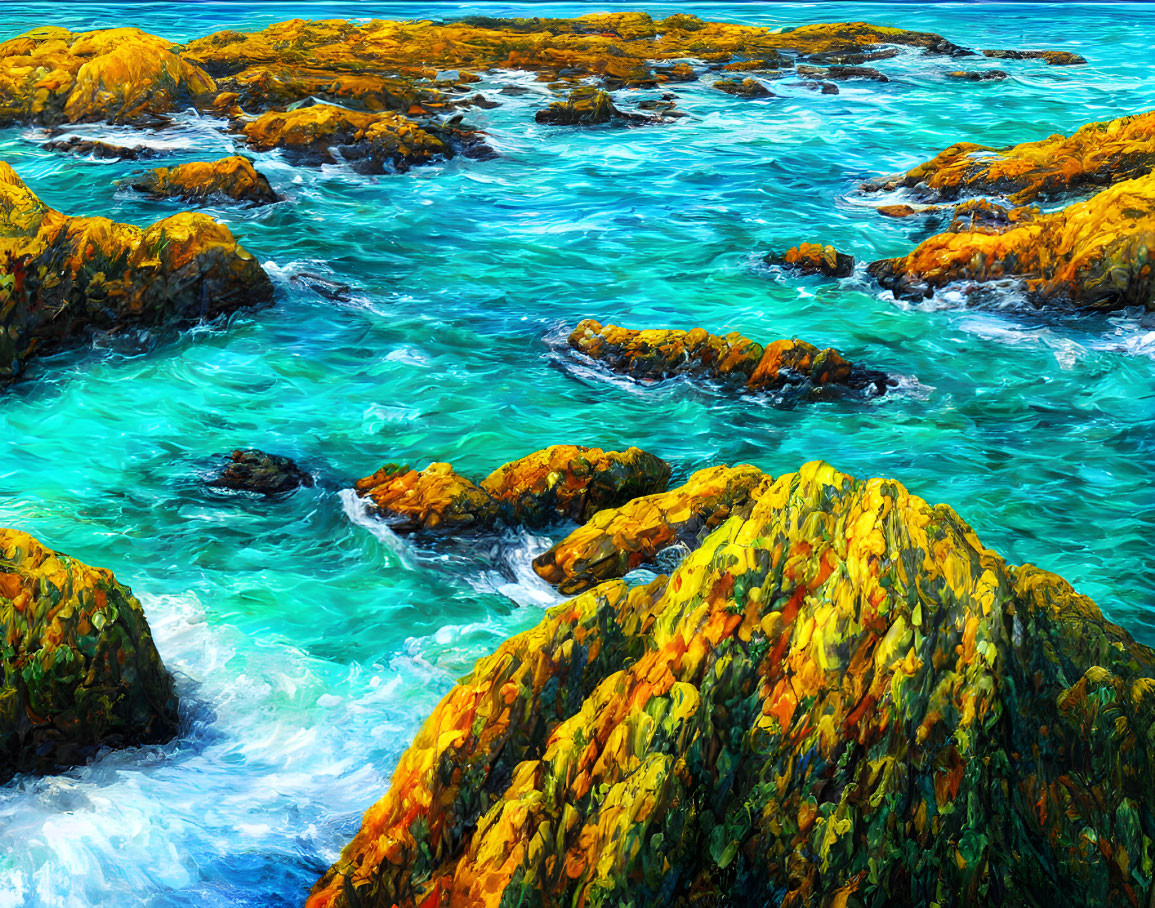 Colorful Coastal Seascape with Moss-Covered Rocks in Turquoise Waters