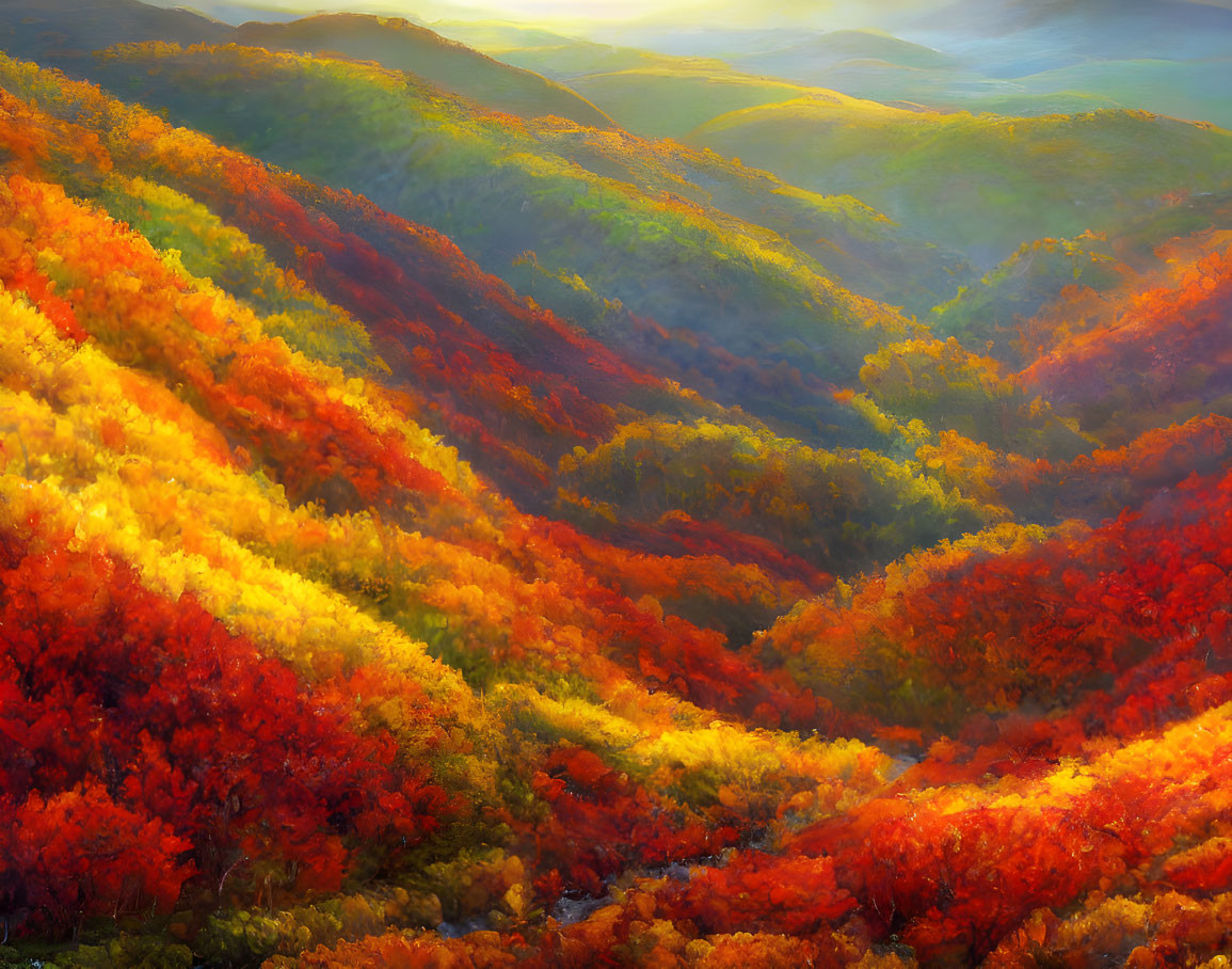 Colorful Autumn Landscape: Rolling Hills with Red, Orange, and Yellow Foliage