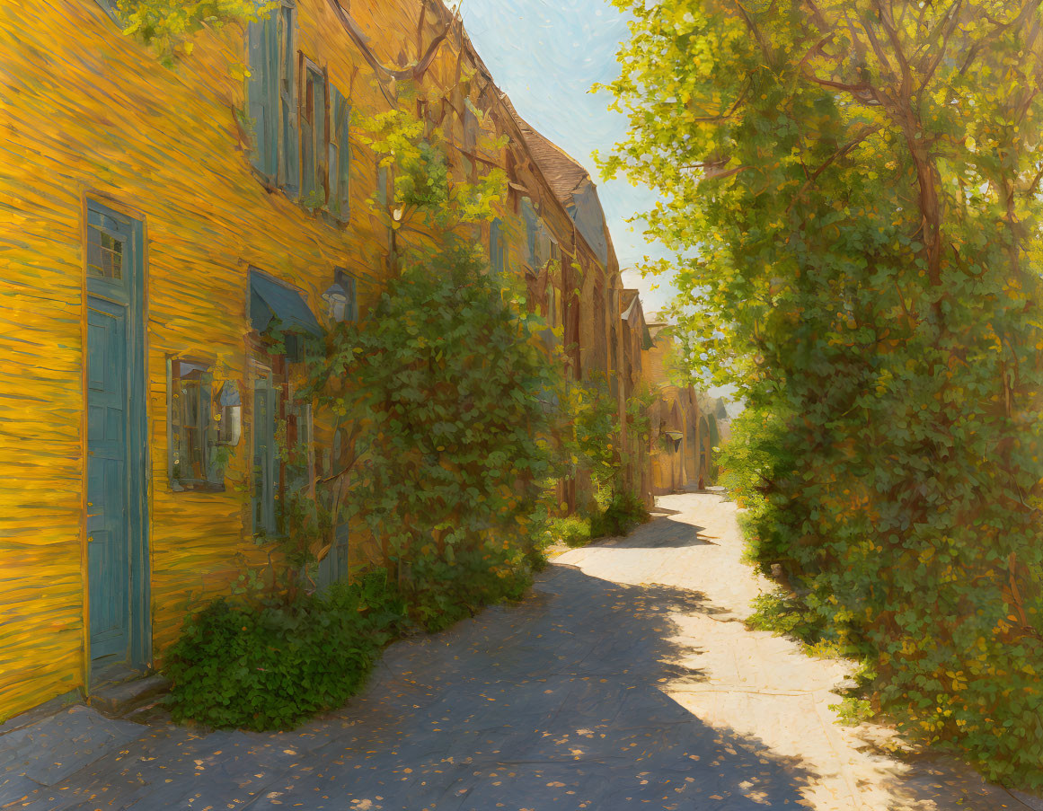 Sun-drenched cobblestone street with vibrant building and lush greenery