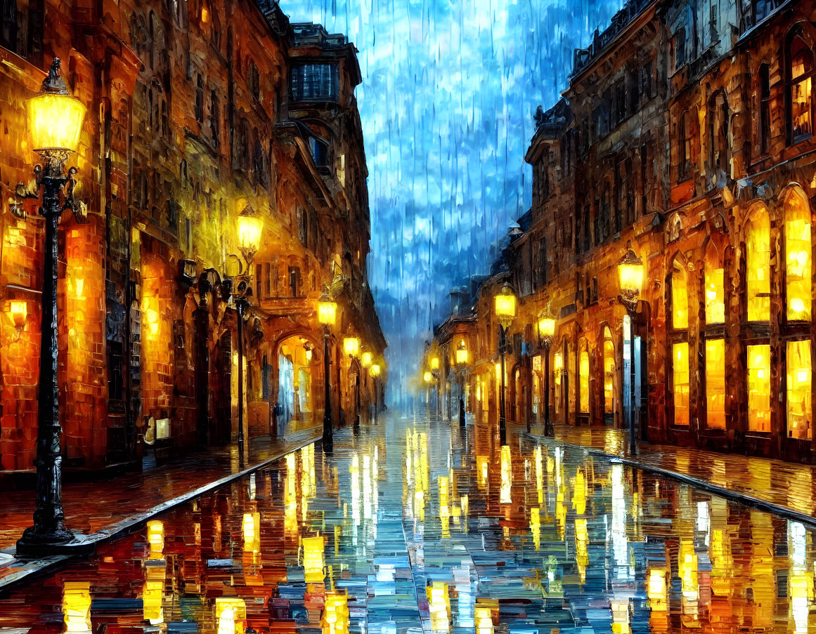 City night scene: Rainy cobblestone street with glowing lamps and reflected buildings.