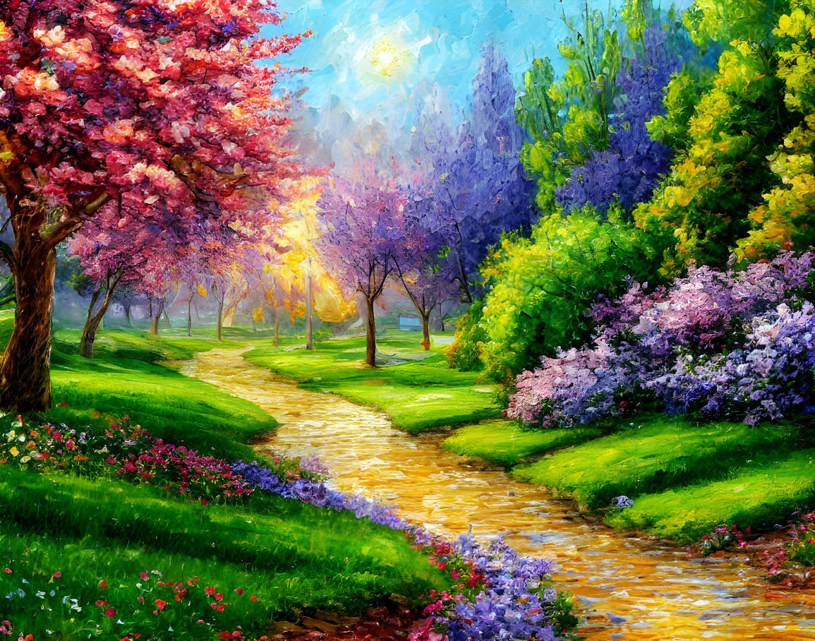 Serene Park Scene with Meandering Stream and Blossoming Trees