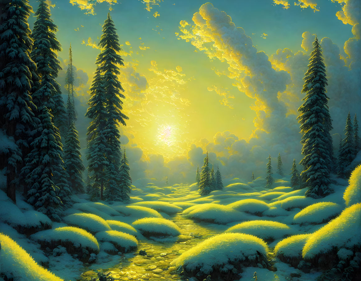 Snow-covered winter forest with evergreen trees under warm sunset or sunrise glow