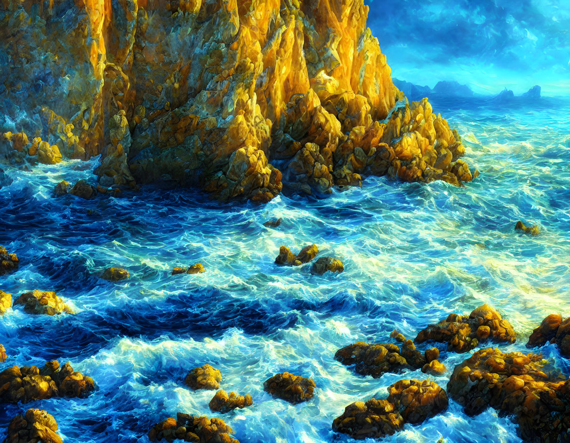 Vibrant digital artwork: Rocky seaside, golden cliffs, blue ocean waves