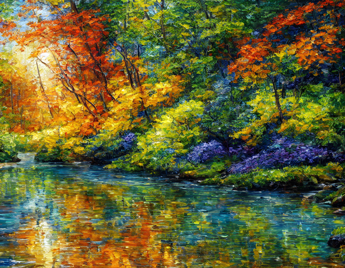 Colorful Autumn Forest Painting with River Reflections