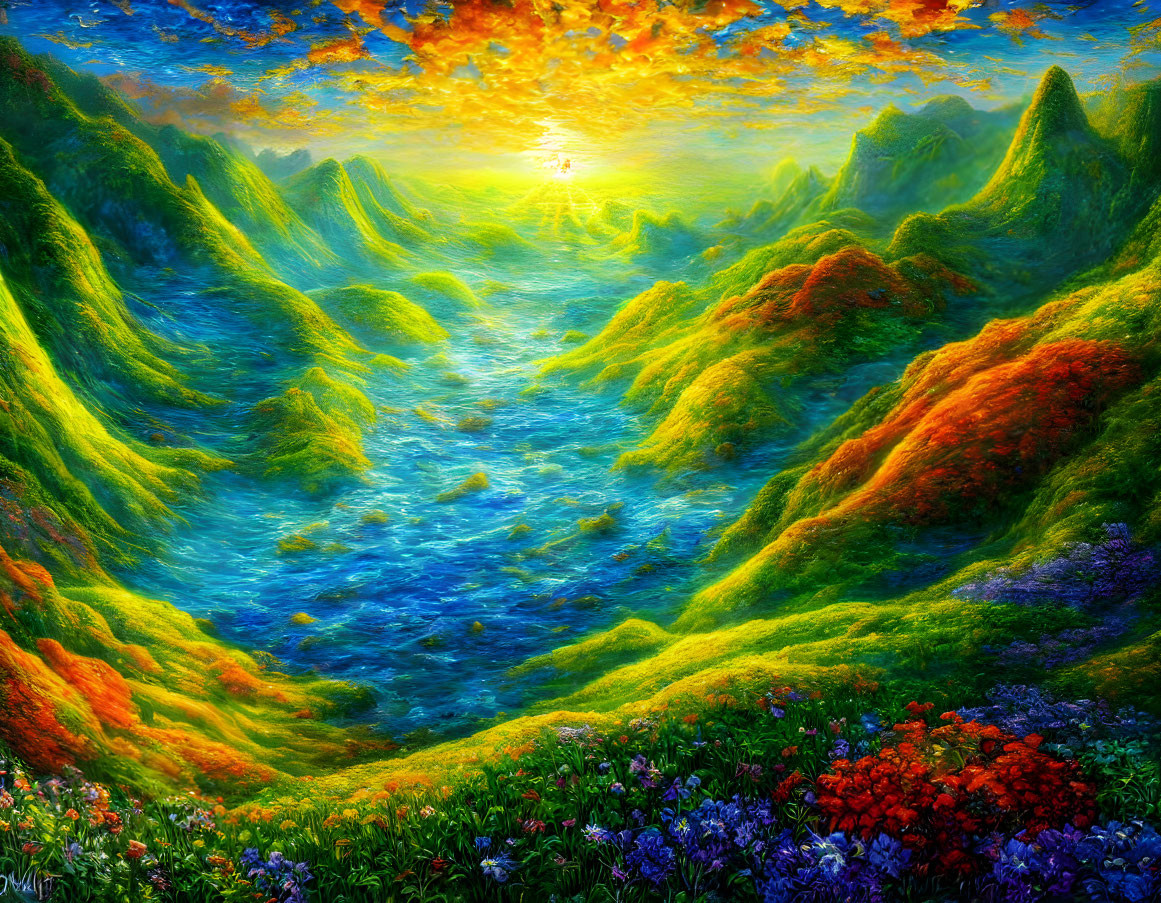 Sunlit River Valley Landscape with Green Hills and Colorful Flowers