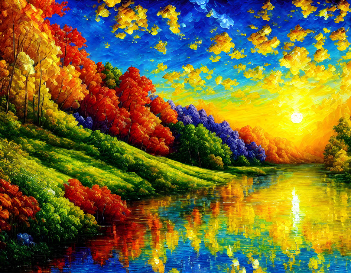 Colorful Autumn Forest Painting with River Reflections