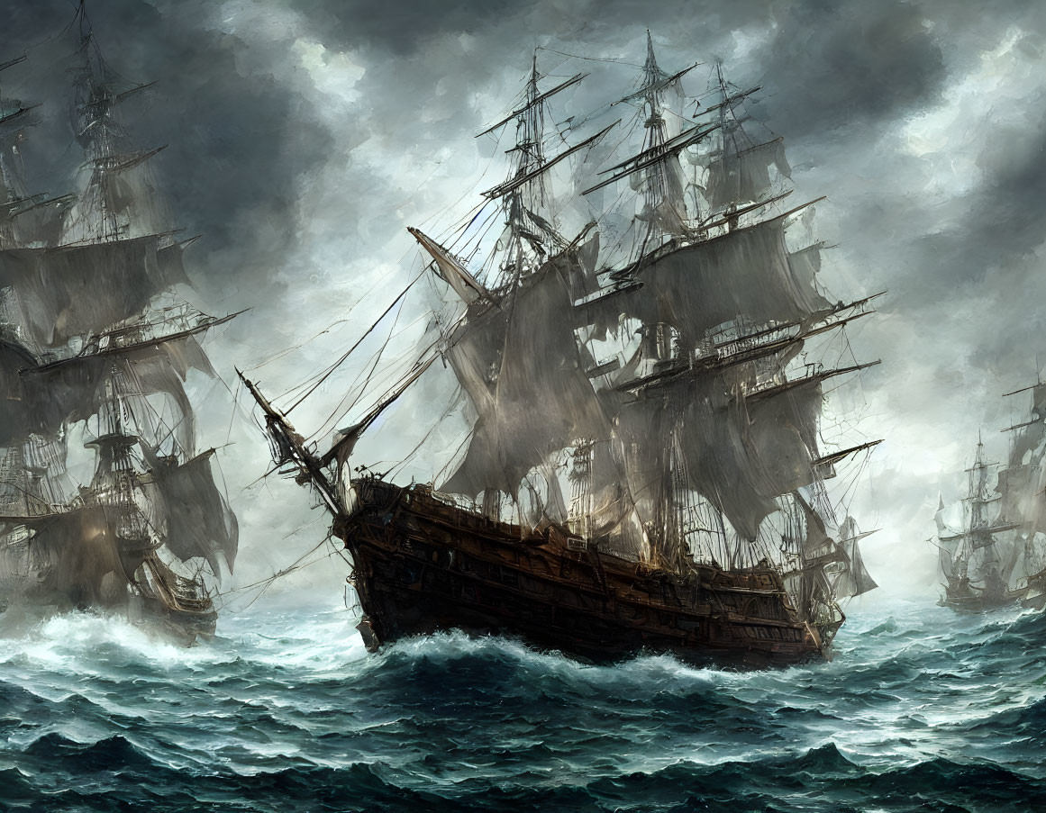 Tall ships with billowing sails on stormy seas