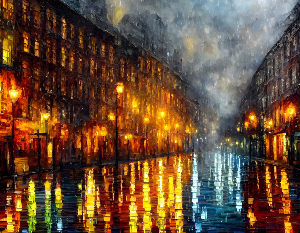 Night scene of rain-soaked street with glowing building reflections in impressionistic style