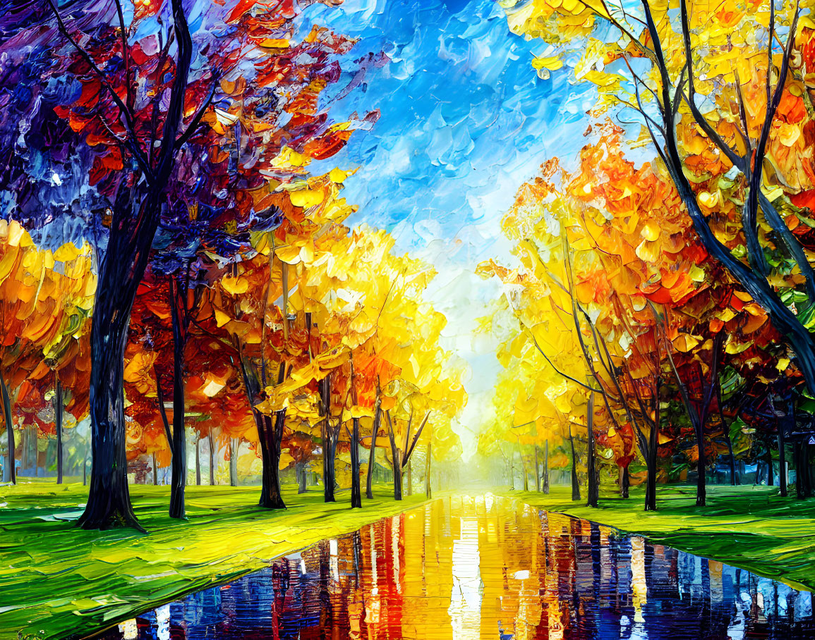 Colorful autumn foliage painting with tree-lined path and dynamic brushstrokes