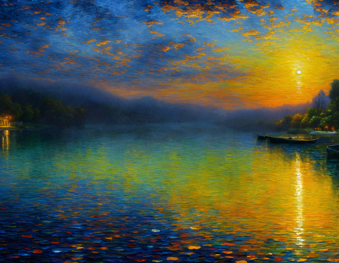 Serene lake sunset with reflections, boat, mist, and cloud-streaked sky