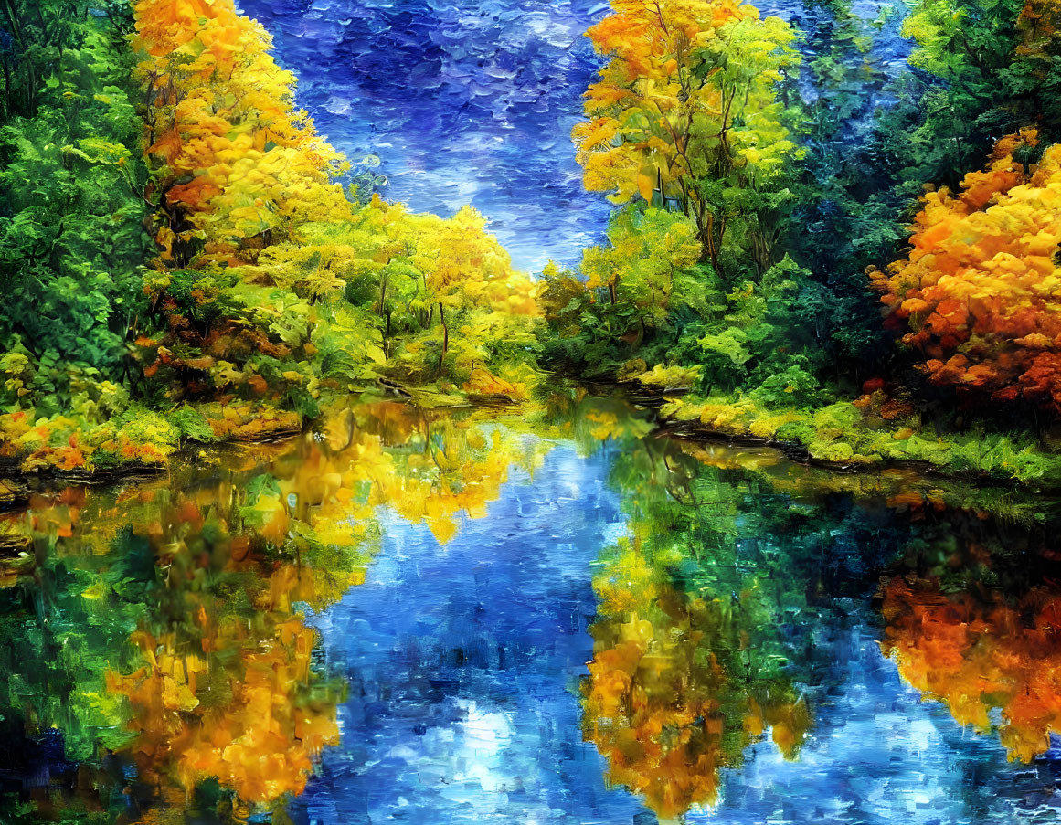 Colorful Autumn Forest Painting with River Reflections and Vibrant Foliage