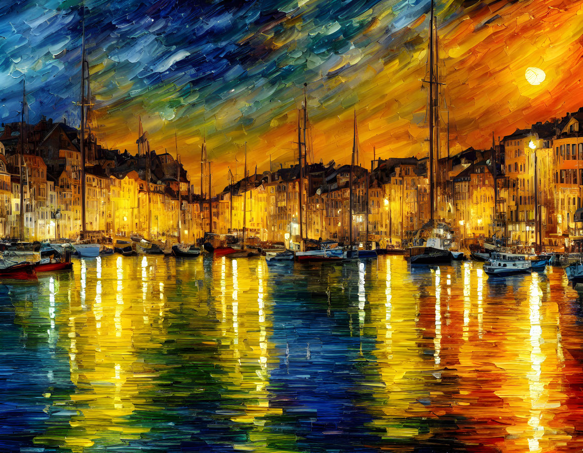 Impressionistic painting: Vibrant harbor at night with moon and reflections