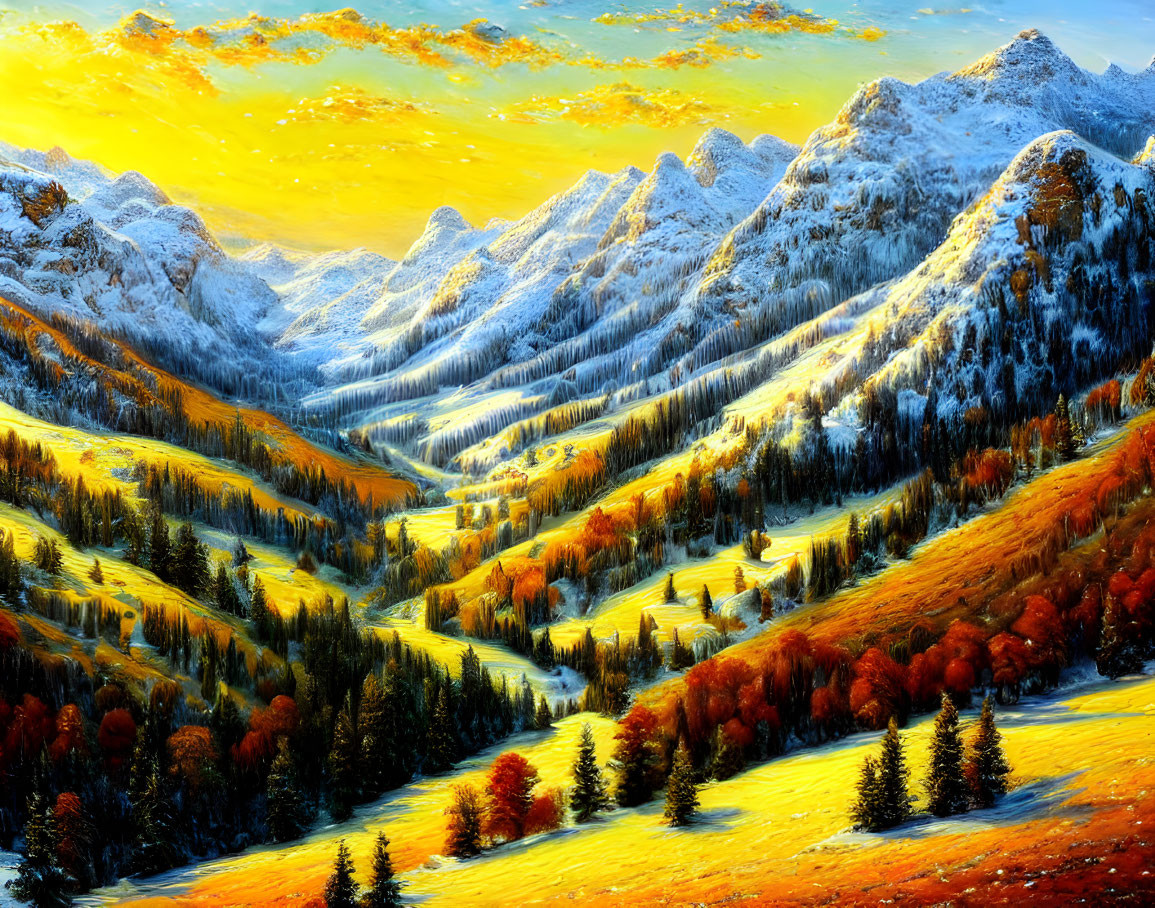 Snow-capped mountains, autumn trees, golden valleys, and yellow sky landscape.