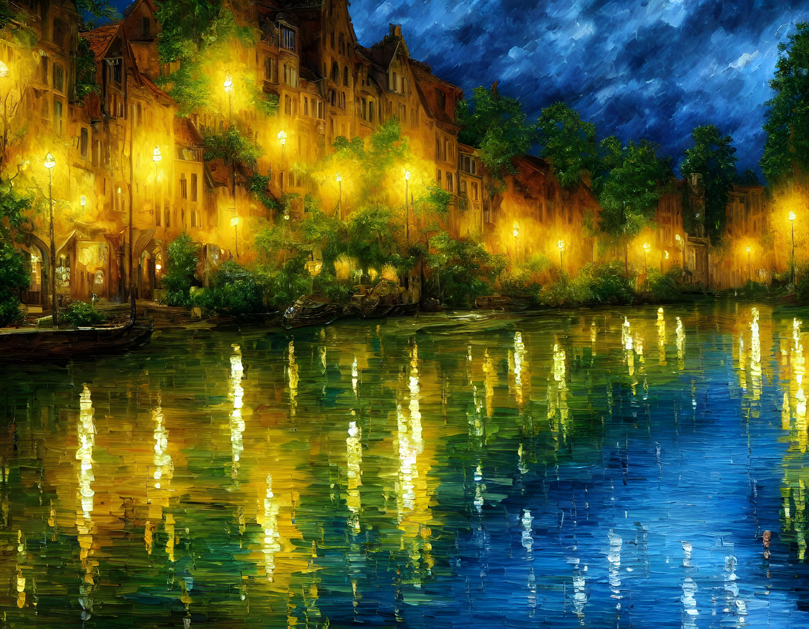 Night Scene Painting: Impressionist Style with Golden Streetlights and River Reflections