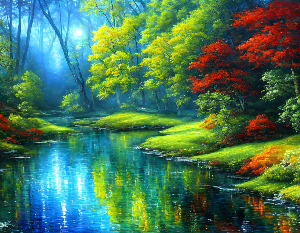 Tranquil river landscape with vibrant trees